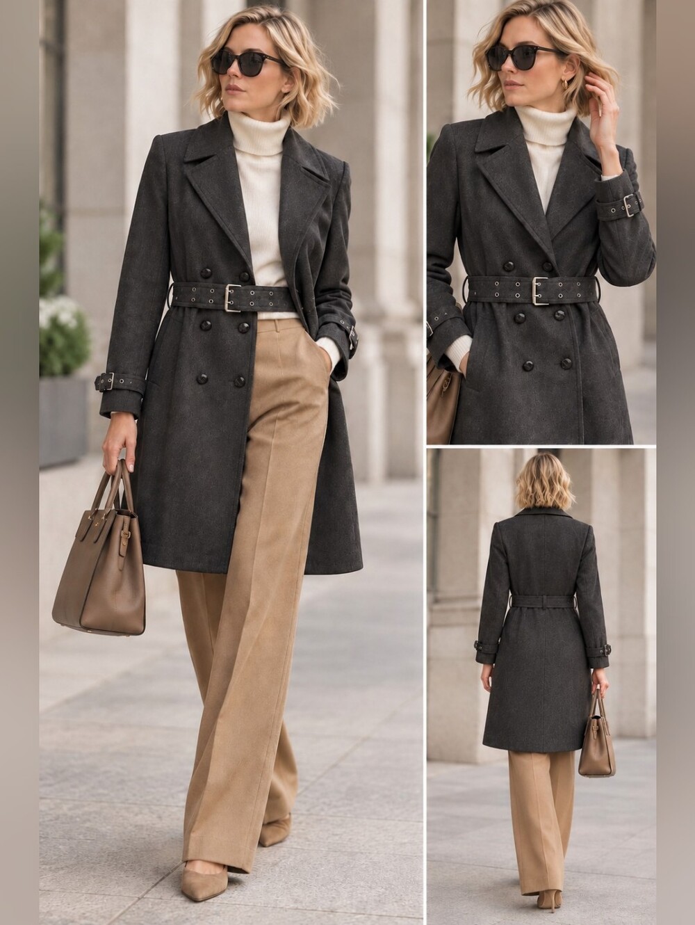 Poleci Charcoal Gray Brown Wool Blend Belted Trench Coat Size 8 Fits 6